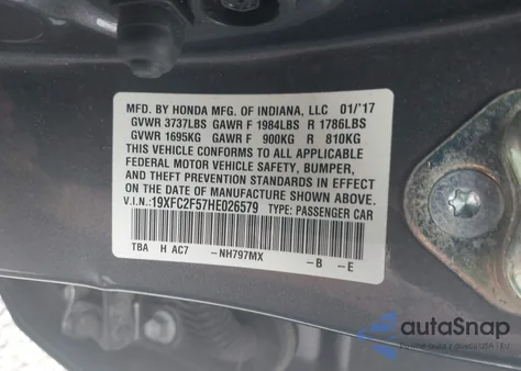 2017 Honda Civic Lx z USA, uszkodzony, nr VIN 19XFC2F57HE026579